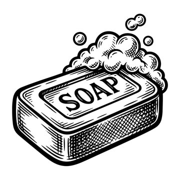 Woodcut style vector illustration of a bar of soap with bubbles on top, black and white vintage design element.
