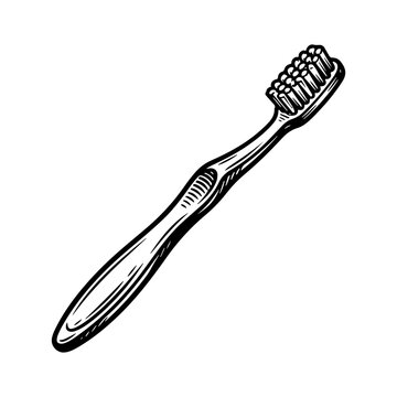 Woodcut style vector illustration of a toothbrush with bristles and handle in black and white, isolated on a plain background.