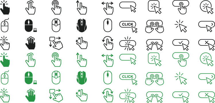 Click cursor set button with hand pointer clicking. Click here web button sign. Isolated website buy or register bar icon with hand finger arrow clicking cursor &ndash; stock vector