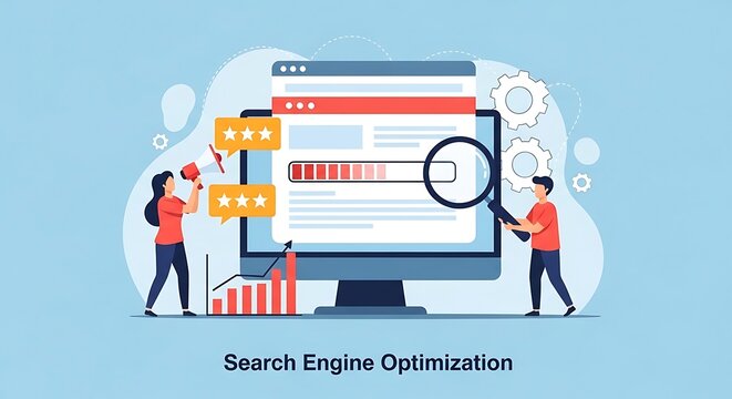 Two people optimizing a large computer screen for search engine results with graphs and tools