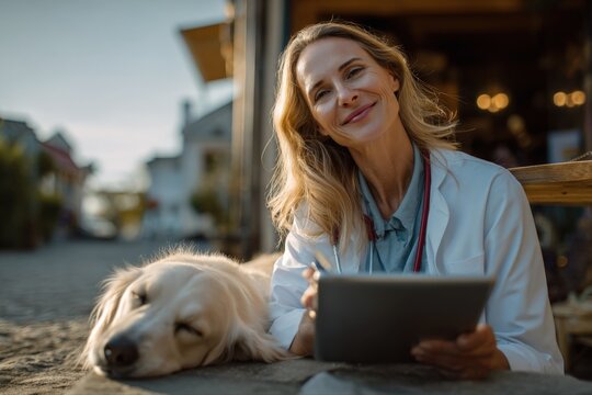 Smiling veterinarian in white coat with tablet and golden retriever dog resting outdoors at sunset