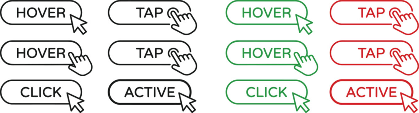 Click cursor set button with hand pointer clicking. Click here web button sign. Isolated website buy or register bar icon with hand finger arrow clicking cursor &ndash; stock vector