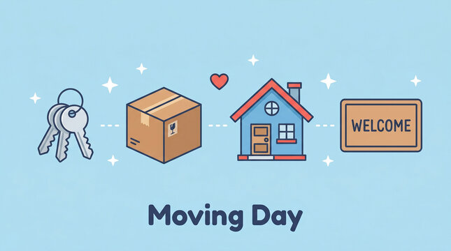 Moving day vector banner with keys, cardboard box, house and welcome mat on blue background. New home, relocation and real estate concept.