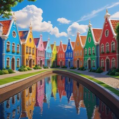 Obraz premium Colorful houses line a serene canal under a bright blue sky with fluffy white clouds reflecting beautifully in the calm water on a sunny day in a quaint neighborhood.