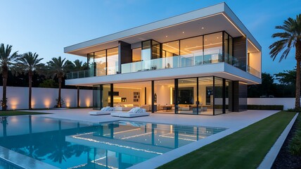 Fototapeta premium Modern two-story house with pool, outdoor lighting, and palm trees at dusk modern architecture