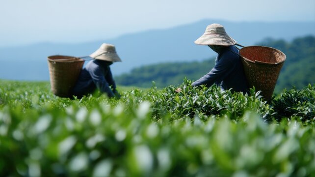 Two farmers wearing conical hats harvest fresh tea leaves on a lush green hillside plantation during daytime