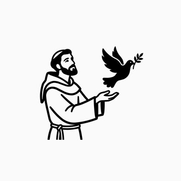 Saint Francis of Assisi with Peace Dove Line Art Illustration