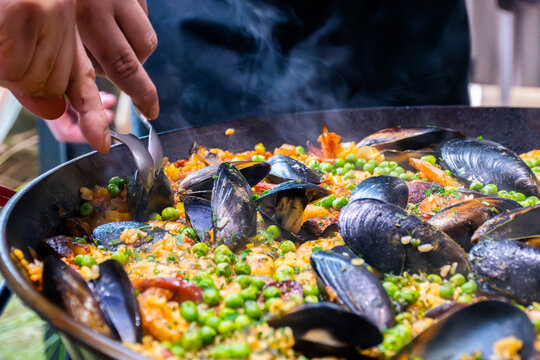 Close up of paella being served