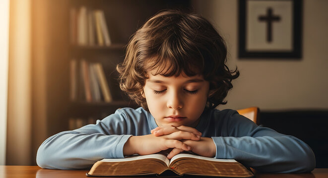 Innocent young child holding holy scripture bible praying with faith seeking spiritual comfort and divine grace within christianity religious education for youth at home or church sanctuary.