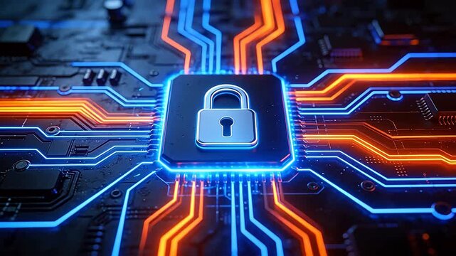 Circuit board with glowing lines and padlock