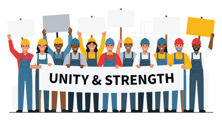 Workers protest, unity and strength, diverse labor force, holding signs, protest banner, collective action, labor movement, social justice, holding blank signs, raising hands up, support. © Akter