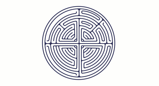 Circular Maze Labyrinth Blue Pattern on Isolated White Background