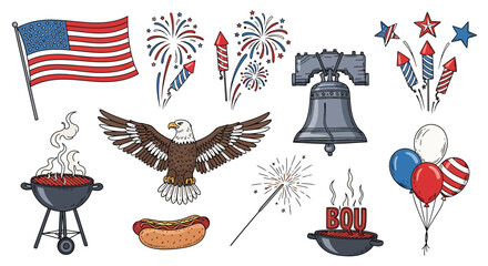 Handdrawn American Independence Day Celebration Icon Set Featuring Flag, Fireworks, and Barbecue © RysqoAlfajrii