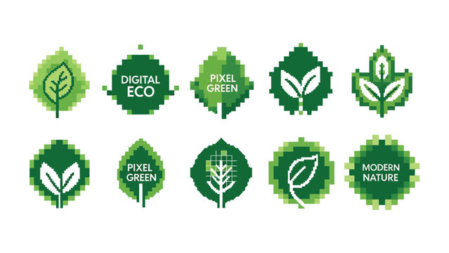 Digital Eco Leaf Design Collection: A collection of pixelated leaf designs with text, reflecting themes of digital eco, pixel green, and modern nature
