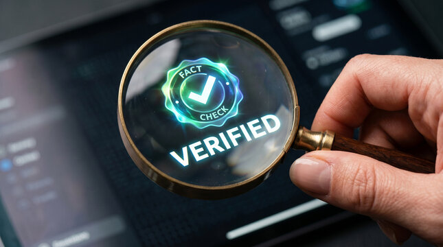 Fact check verified magnifying glass on screen with ai content policy symbol