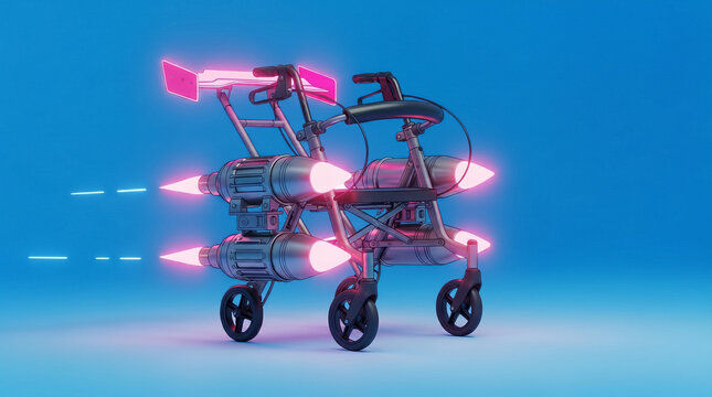 Senior walker with rocket boosters and racing spoilers, AI generated
