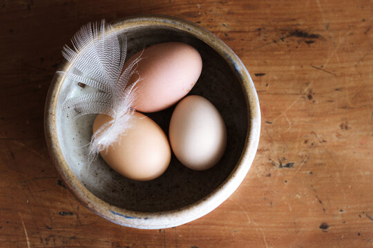 Three eggs with white feather on top in a rustic ceramic bowl sits on a wooden surface