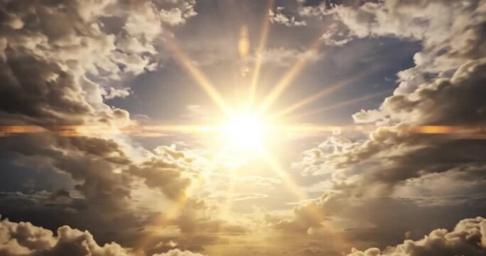 Cinematic transition from dark dramatic storm clouds parting to reveal bright sun with golden rays and lens flares