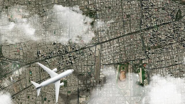 Airplane Flying over San Crist&oacute;bal Hill, Santiago, Chile and Clouds. Aerial Airplane Scenes. Jet Flying Over Mountain Landmark and City Skyline. Aerial City Animation &ndash; Vox Style Map Animation in 4K