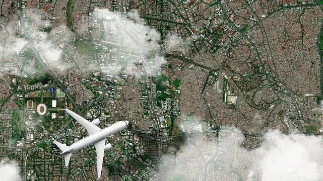 Airplane Flying over National Monument (Monas), Jakarta, Indonesia and Clouds. Aerial Airplane Scenes. Jet Flying Over Historic Monument and City Skyline. Aerial City Animation &ndash; Vox Style Map 4K