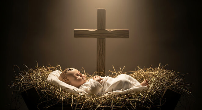 Devotional Nativity scene depicting baby Jesus resting in a rustic wooden manger on hay with a symbolic cross shadow in the background, spiritual Christmas birth illustration of Christ.