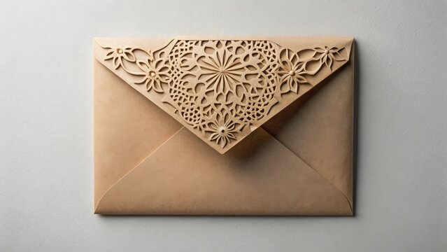 Intricate laser-cut floral design adorns a kraft paper envelope, showcasing elegant detailing and a sophisticated aesthetic for correspondence