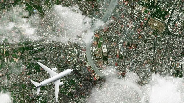 Airplane Flying over Grand Palace, Bangkok, Thailand and Clouds. Aerial Airplane Scenes. Jet Flying Over Historic Royal Palace and City Skyline. Aerial City Animation &ndash; Vox Style Map Animation in 4K