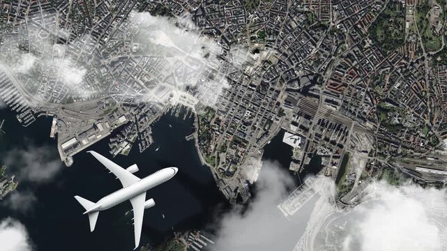 Airplane Flying over Oslo Opera House, Oslo, Norway and Clouds. Aerial Airplane Scenes. Jet Flying Over Modern Waterfront Landmark and City Skyline. Aerial City Animation &ndash; Vox Style Map Animation 4K