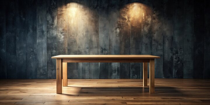 Empty wooden table against a textured wall with warm lighting