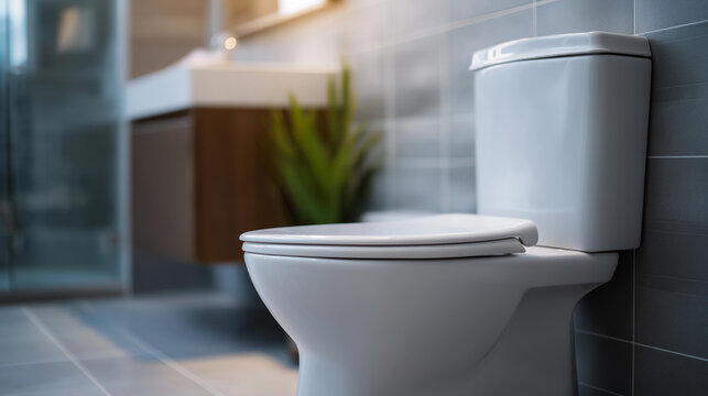 Minimalist white toilet installed in a clean modern tiled bathroom for a contemporary interior design and sanitation concept. Minimalist toilet, modern tiles, clean interior,