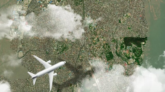 Airplane Flying over Lekki-Ikoyi Link Bridge, Lagos, Nigeria and Clouds. Aerial Airplane Scenes. Jet Flying Over Modern Bridge and City Skyline. Aerial City Animation &ndash; Vox Style Map Animation in 4K
