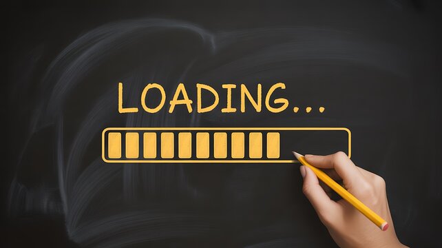 Loading progress bar, hand drawing on chalkboard, yellow pencil, technology concept
