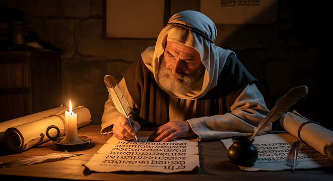 Antique scribe scholar meticulously drafting historical calligraphy onto aged parchment paper with feather quill pen by flickering candlelight in a dark medieval study during ancient times.