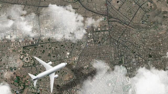 Airplane Flying over Plaza Mayor de Lima, Lima, Peru and Clouds. Aerial Airplane Scenes. Jet Flying Over Historic Square and City Skyline. Aerial City Animation &ndash; Vox Style Map Animation in 4K
