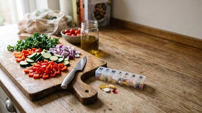 Healthy meal prep with fresh chopped vegetables and a weekly pill organizer on a rustic wooden counter.