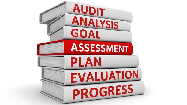 Business strategy books, goal assessment concept, evaluation and progress planning