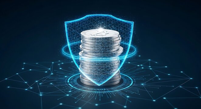 Secure stack coins shield protected by blue glow on network background