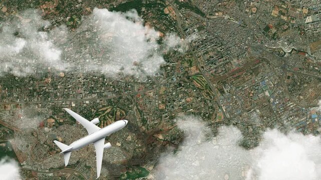 Airplane Flying over Nairobi National Park, Nairobi, Kenya and Clouds. Aerial Airplane Scenes. Jet Flying Over Wildlife Park and City Skyline. Aerial City Animation &ndash; Vox Style Map Animation in 4K
