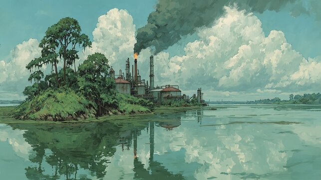 Industrial Refinery on Swamp Wetland Riverfront, Burning Flare Stack, Tropical Trees, Dramatic Cloudy Sky, Contrasting Natural and Industrial Landscape