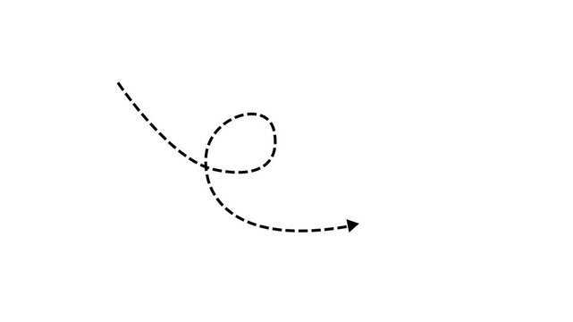 Curve motion dashed arrow on white background. Black dashed arrow curving in a loop. Simple curve motion dashed arrow for directional flow and navigation concept illustrations.