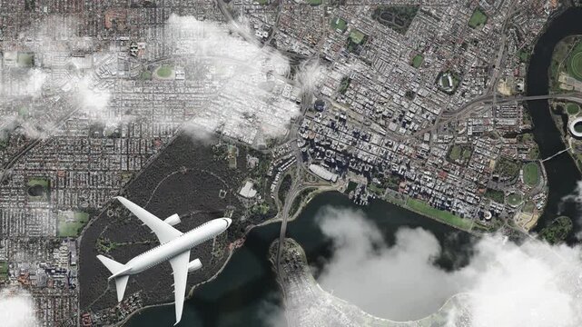 Airplane Flying over Kings Park and Botanic Garden, Perth, Australia and Clouds. Aerial Airplane Scenes. Jet Flying Over Urban Park and City Skyline. Aerial City Animation &ndash; Vox Style Map Animation 4K