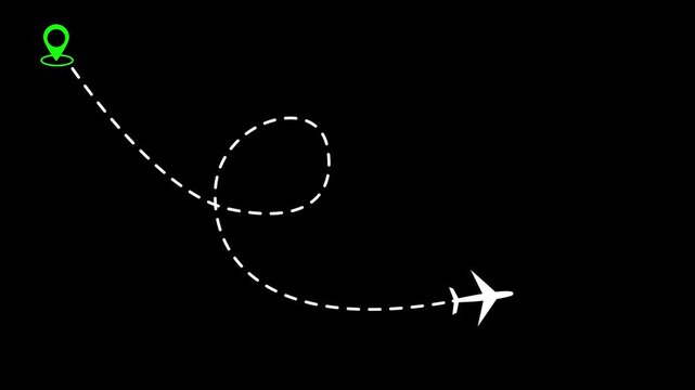 Flight path with location pin on black. Travel flight path route visualization. Airplane flight path for navigation tracking and global destination map concept animations.
