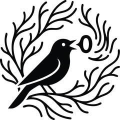 Obraz premium Black Bird on Branch Giving Speech in Circle Minimalist Illustration