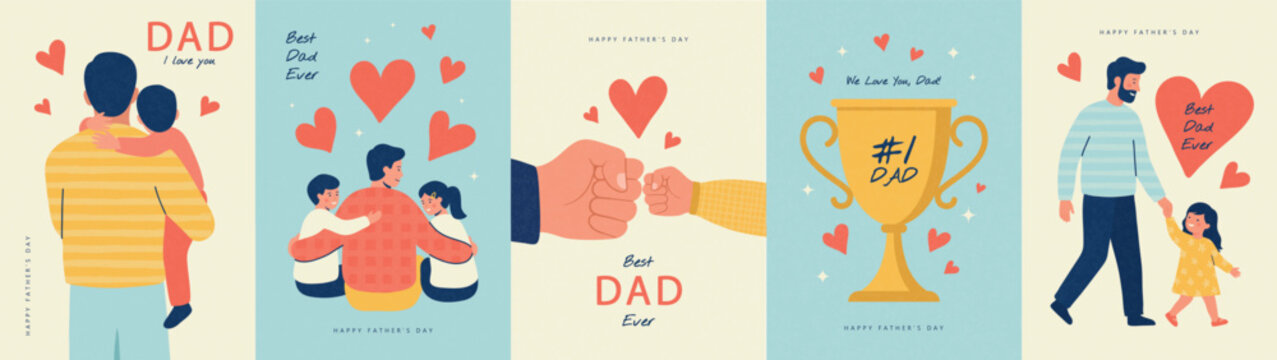Set of Father's Day cards in a modern flat style with grainy texture. Vector illustrations featuring cute family scenes, dad with children, hearts and a trophy. Perfect for holiday design and print.