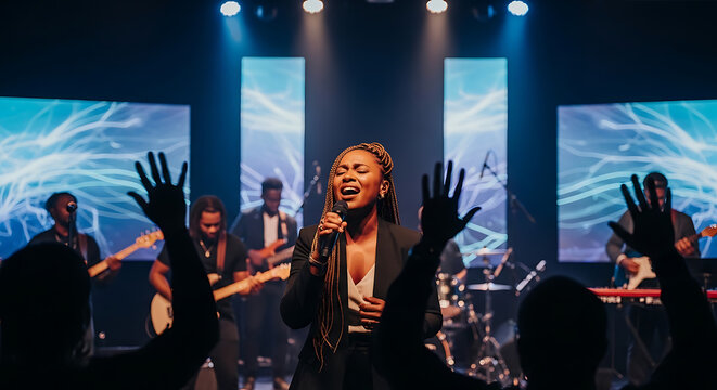 Passionate African American female vocalist performing a heartfelt gospel hymn during a contemporary Christian church service or spiritual music concert event with stage lighting.