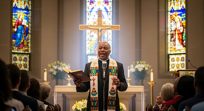 Charismatic African American preacher delivering passionate sermon during Easter church service, religious leader holding holy Bible inside sanctuary, spiritual gospel worship ceremony.