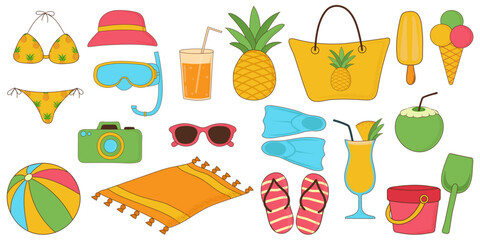 Beach Accessories summer Set – Hand Drawn Vacation Elements, Bikini, Pineapple, Cocktail, Vector Illustration © Светлана Покидина
