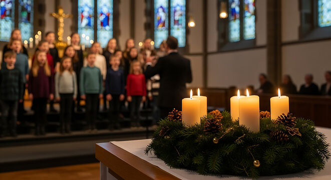 Traditional Advent wreath with lit candles inside a church as a youthful children's choir is singing in the blurred background during a festive Christmas cathedral religious worship service.