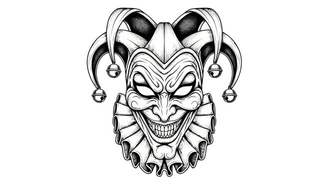 Scary Jester Face Tattoo Design, Evil Clown Mask, Horror Character Illustration