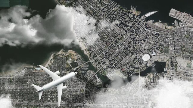 Airplane Flying over Stanley Park, Vancouver, Canada and Clouds. Aerial Airplane Scenes. Jet Flying Over Urban Park and City Skyline. Aerial City Animation &ndash; Vox Style Map Animation in 4K
